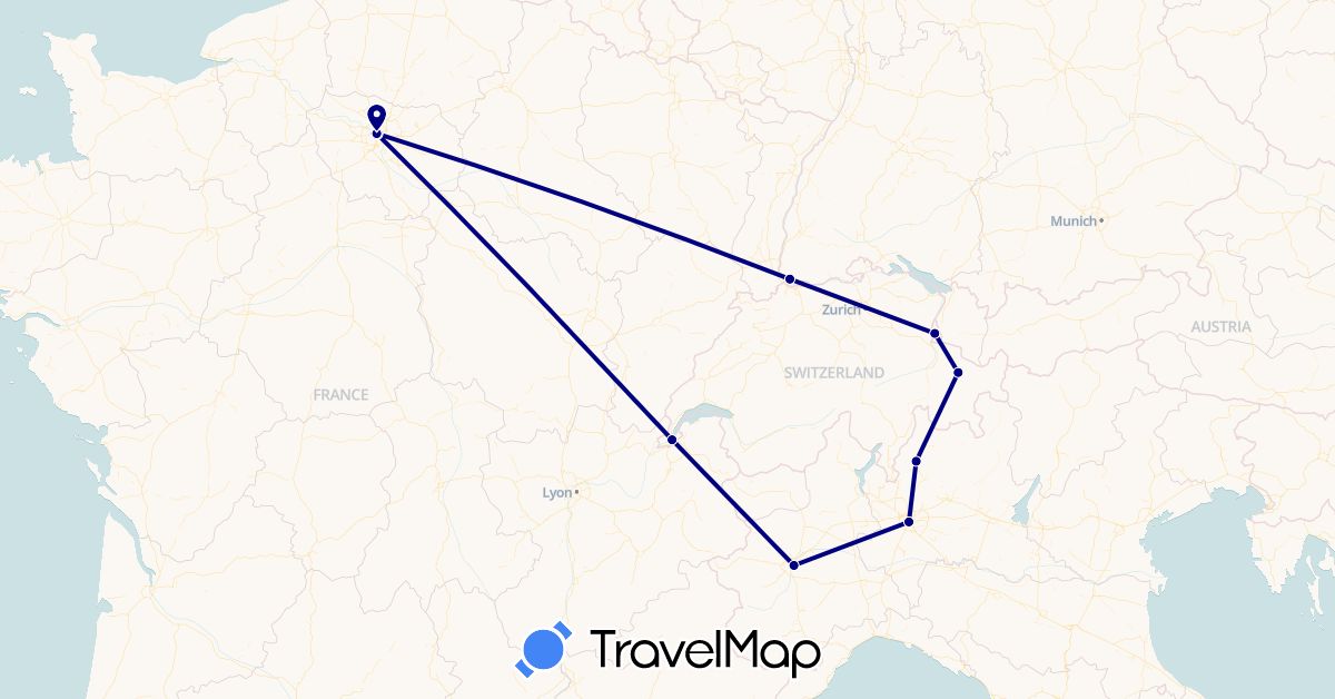 TravelMap itinerary: driving in Switzerland, Germany, France, Italy, Liechtenstein (Europe)